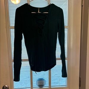 Free People dark green long sleeve with lace up front